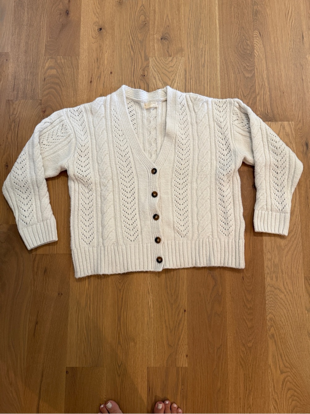 Anthropologie Classic Pointelle Cable Knit Cardigan Ivory Cream Large - Picture 3 of 6